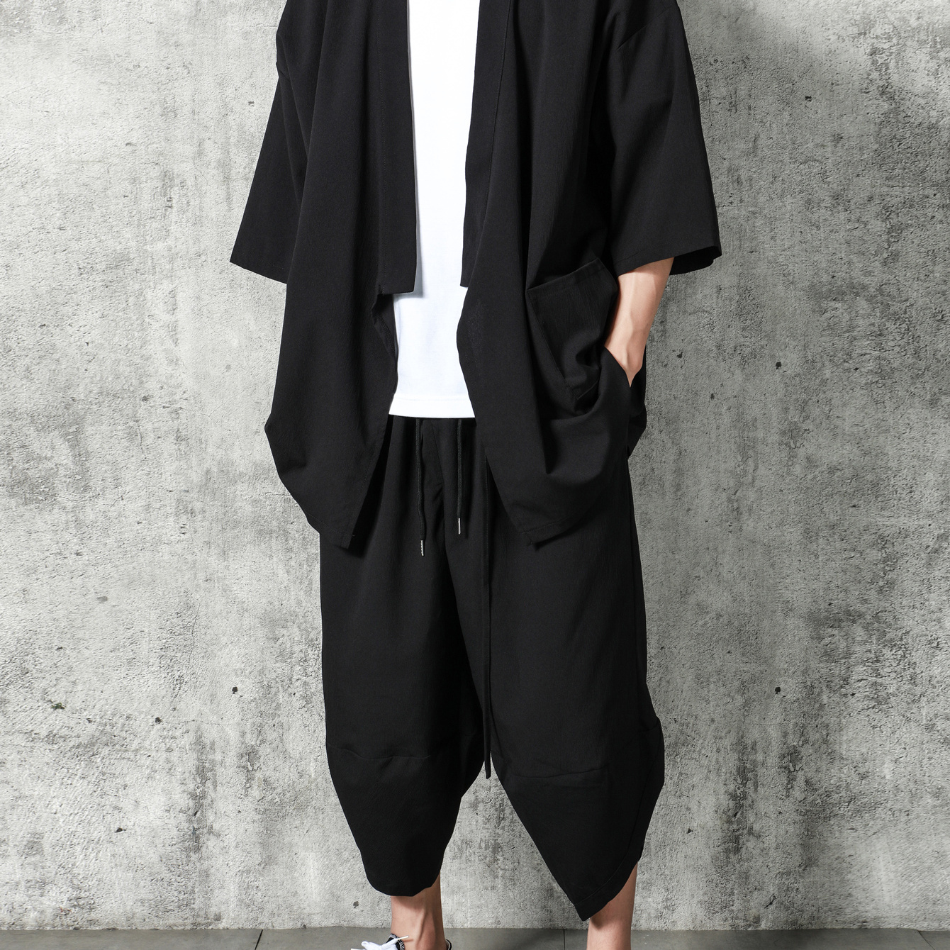 Conjunto de chaqueta tipo kimono japonesa para hombre, elegante abrigo  frontal abierto con pantalón, estilo chino, cárdigan estampado