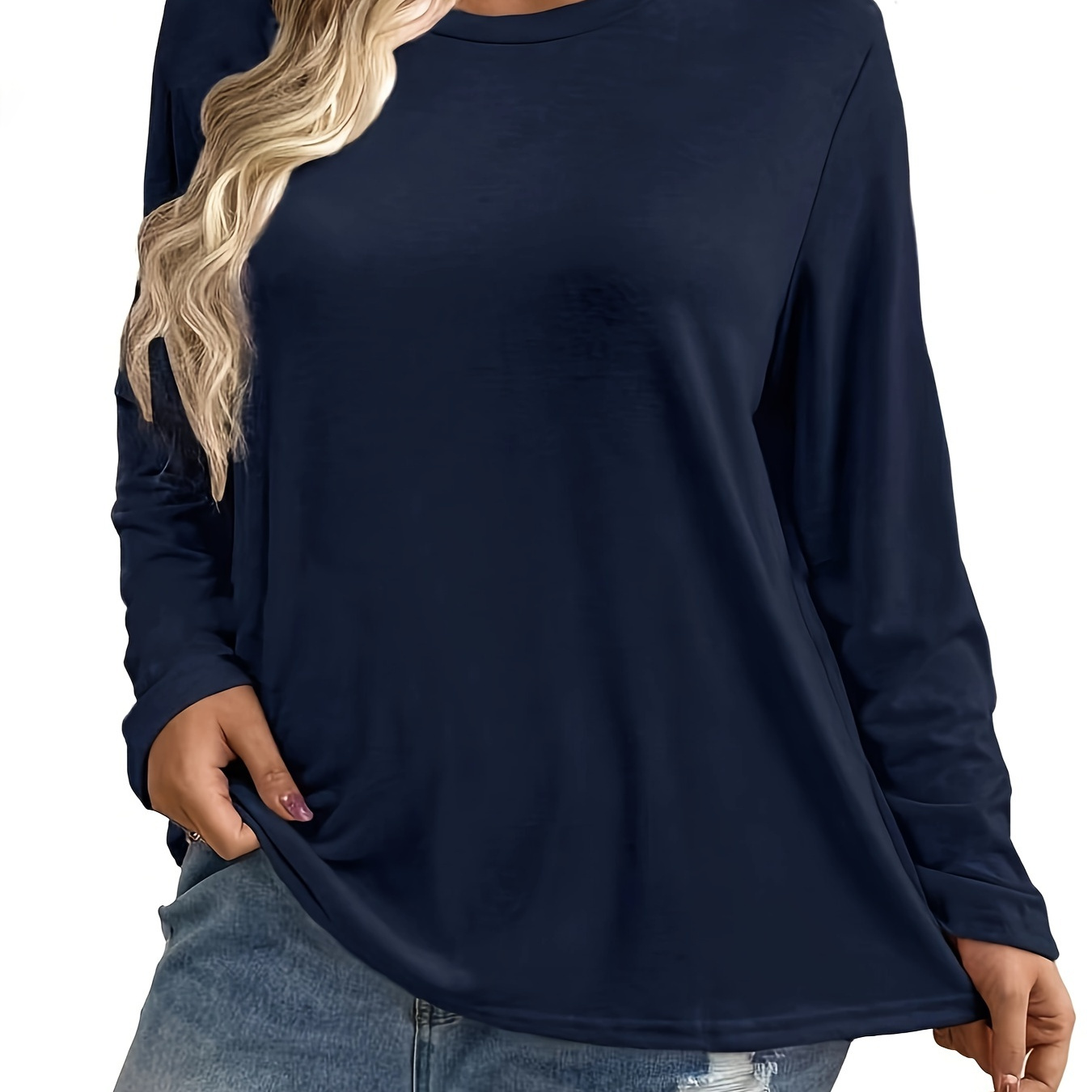 

T-shirt uni grande taille, élégant à manches longues et col rond pour et , vêtements grande taille pour femmes