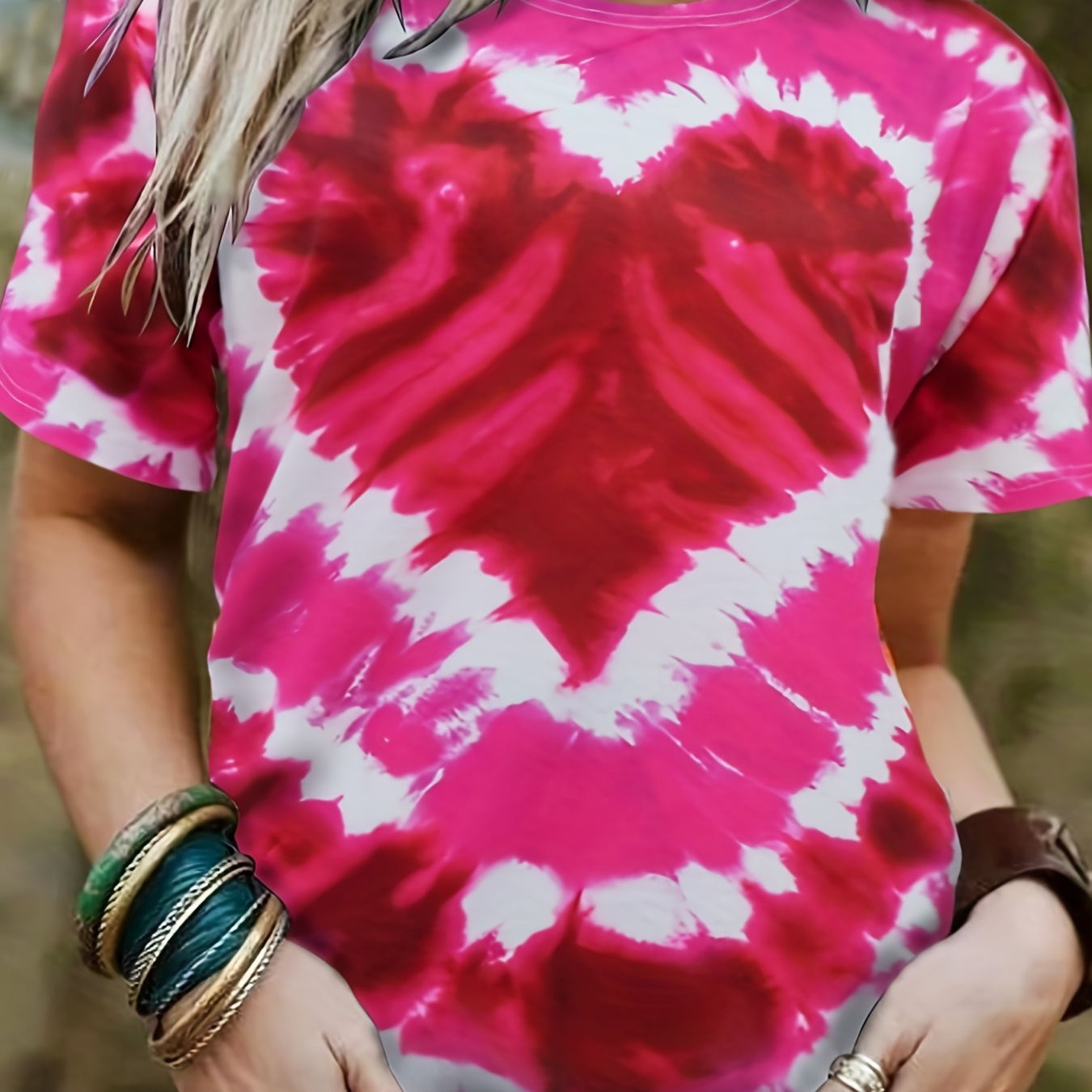 

Tie Dye Heart Print Crew Neck T-shirt, Casual Short Sleeve T-shirt For Spring & Summer, Women's Clothing, Valentine's Day