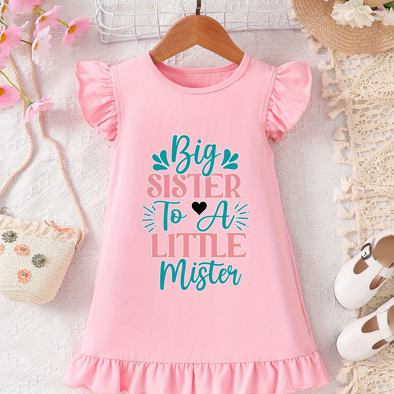 

Girls' Summer Cotton Dress With Cartoon "big Sister To A Little Mister" Print, Casual Style, Cute Ruffle Sleeve, Knit Fabric, Versatile Round Neck