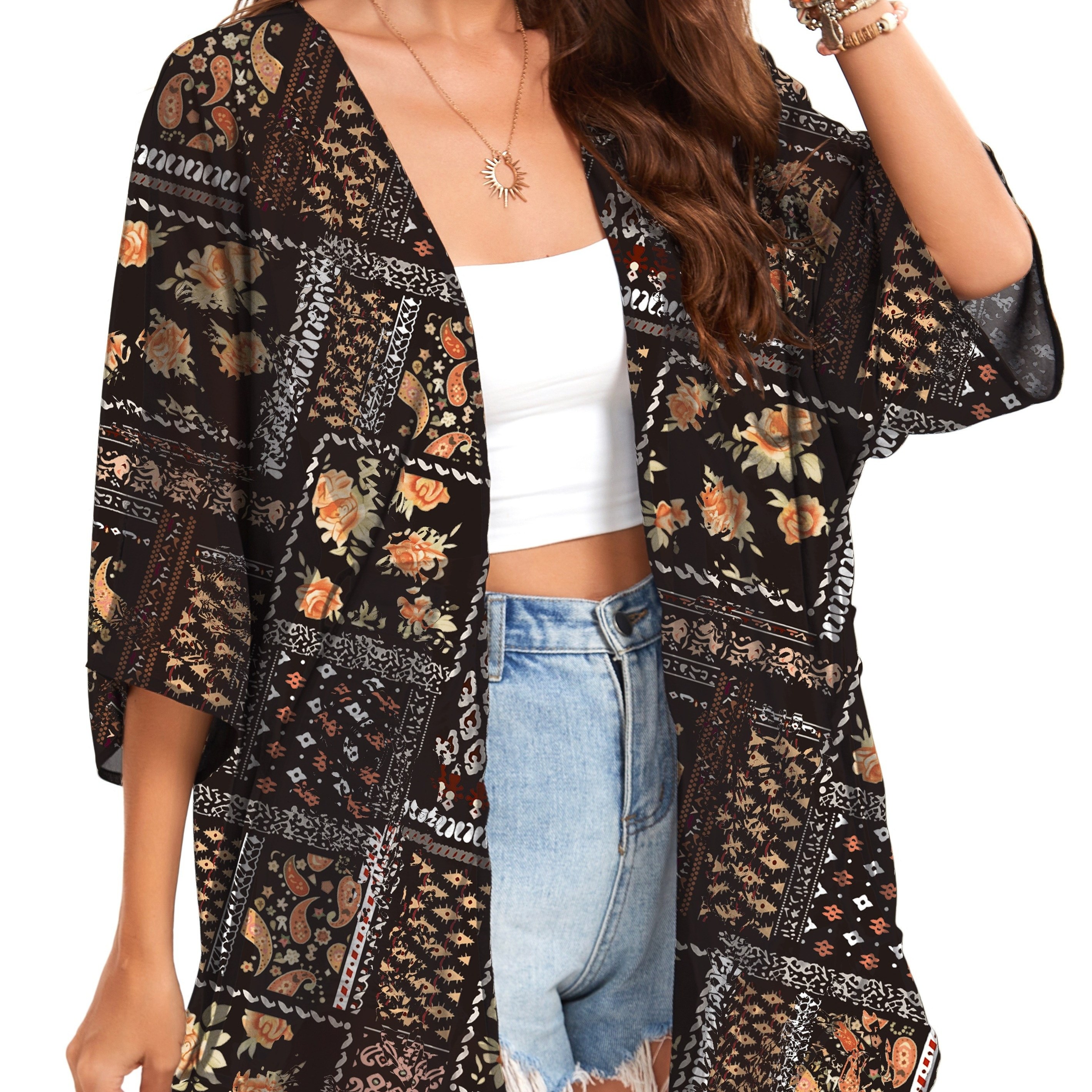 

Women's Floral Print Kimono Cardigan With Batwing Sleeves, Casual Loose Cover Up Blouse Top, Boho Style, Lightweight Summer Fashion