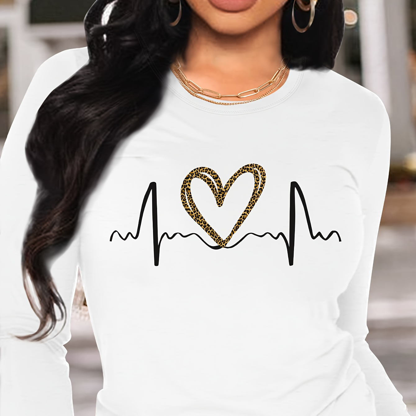 

Heart Print T-shirt, Long Sleeve Crew Neck Casual Top For Spring & Fall, Women's Clothing