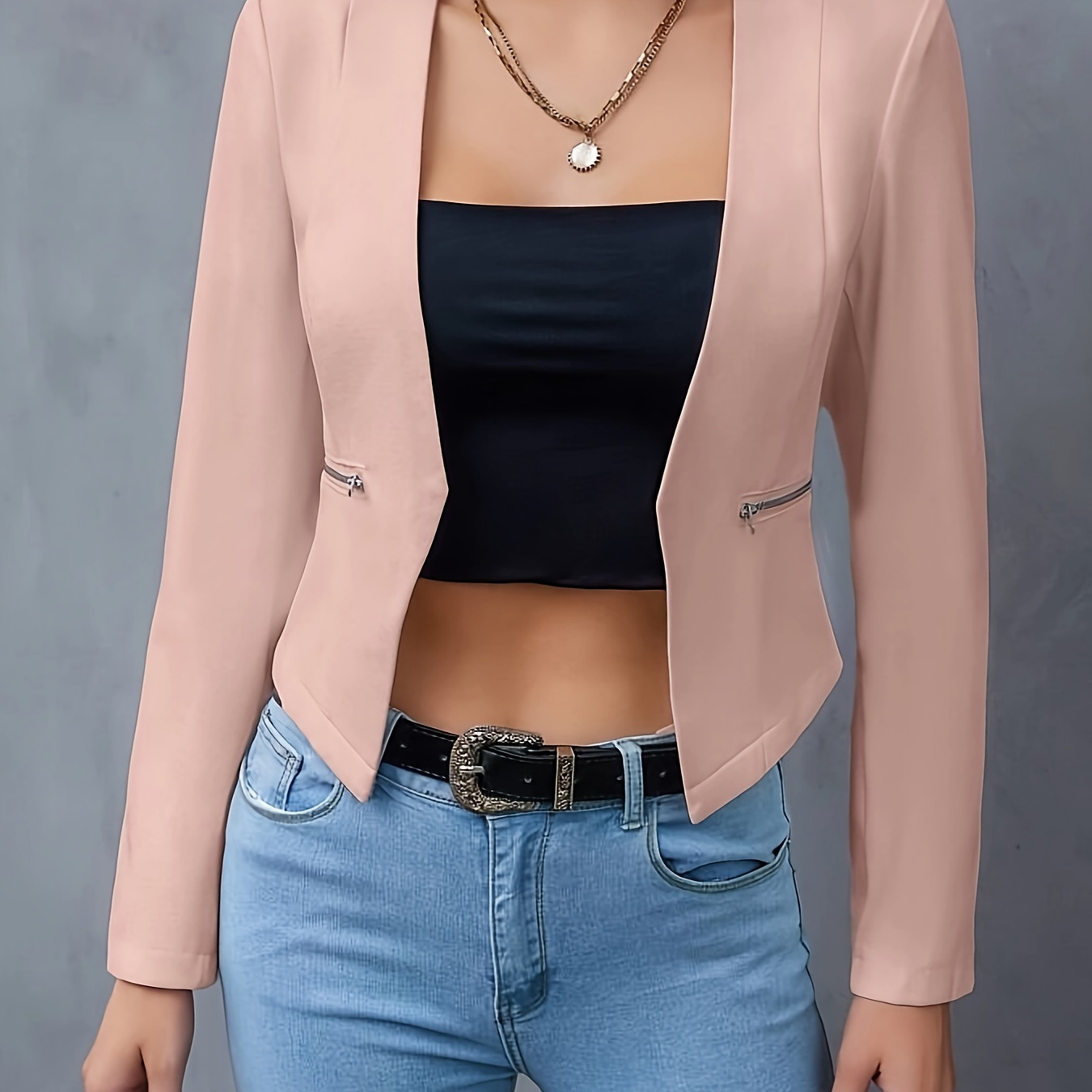 

Solid Zip Detail Crop Blazer, Elegant Long Sleeve Open Front Slim Blazer, Women's Clothing