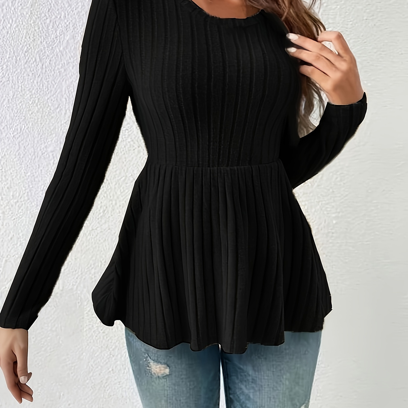 

Women's Long Sleeve Ribbed T-shirt With Peplum Hem, Polyester Knit Fabric, Solid Color, Round Neck, Casual Spring/summer/fall Top