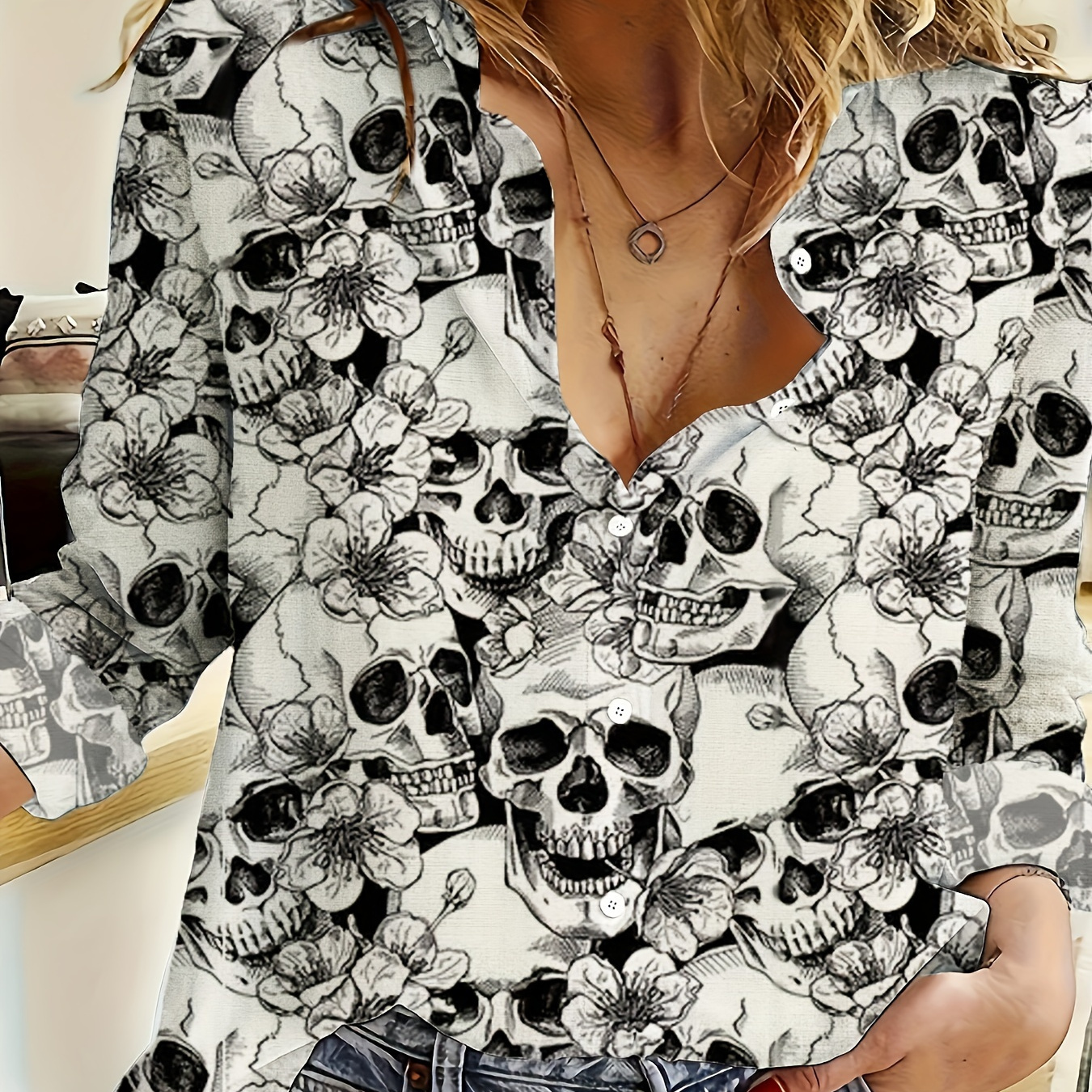 

Skull Print Button Front Blouse, Vintage Long Sleeve Blouse For Spring & Fall, Women's Clothing