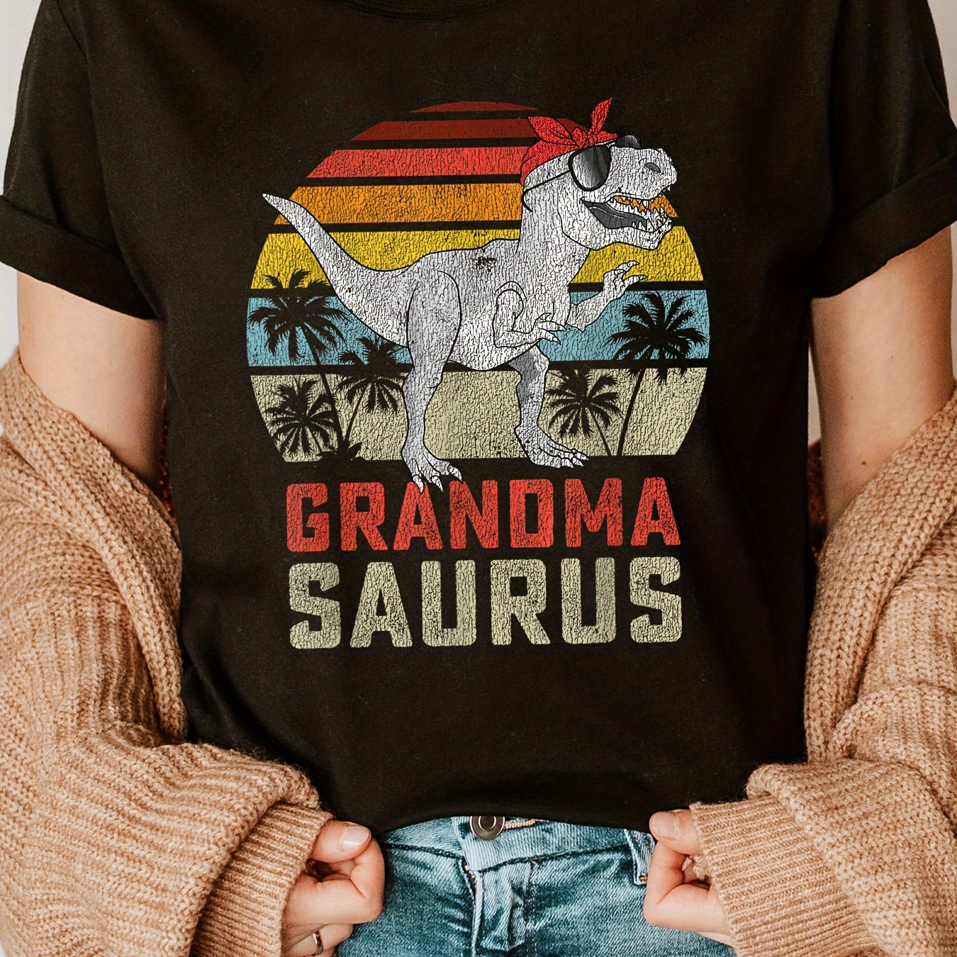 

Grandmasaurus Print Crew Neck T-shirt, Short Sleeve Casual Top For Summer & Spring, Women's Clothing