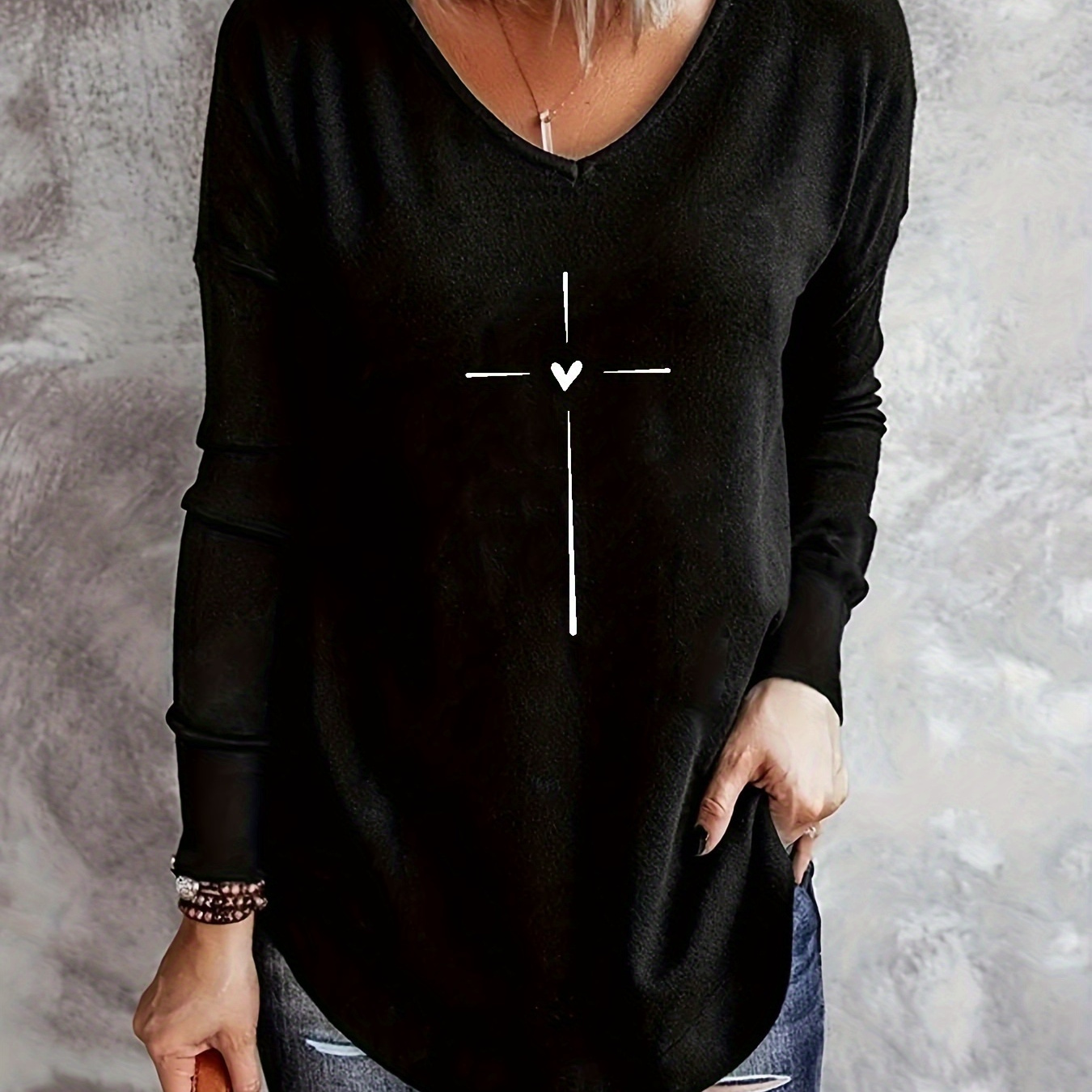 

Plus Size Casual T-shirt, Women's Plus Cross & Heart Print Long Sleeve V Neck Slight Stretch Tunic T-shirt