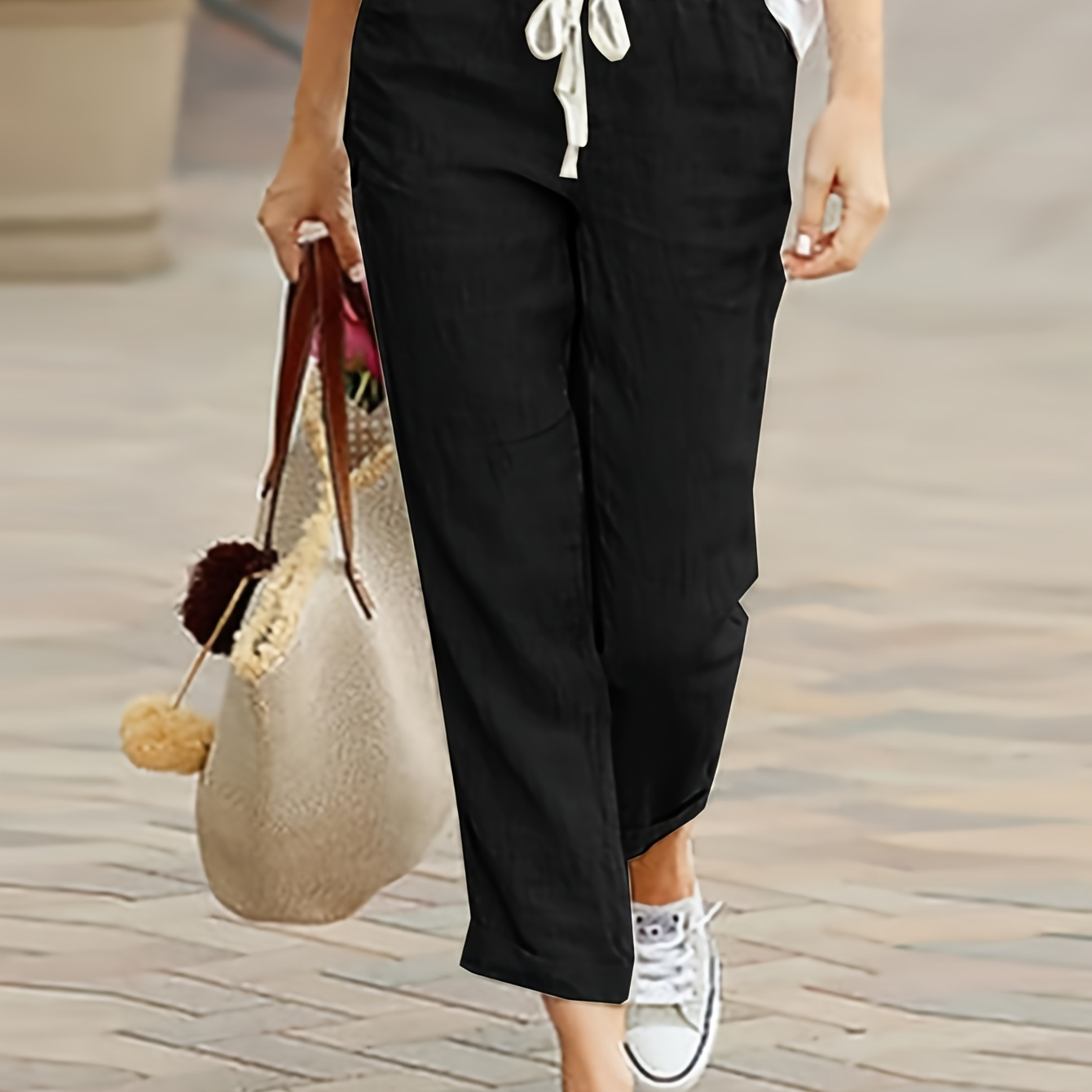 

Plus Size Solid Drawstring Waist Pants, Casual Pants For Spring & Summer, Women's Plus Size Clothing