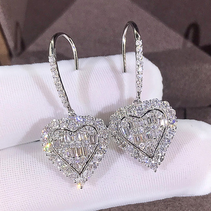 

Heart Shape Hook Earrings Inlaid Shiny Zirconia Elegant Copper Fine Jewelry Gifts