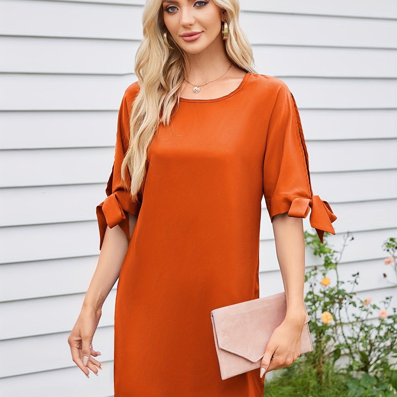 

Loose Bow Half Sleeve Dress, Elegant Crew Neck Dress For Spring & Summer, Women's Clothing