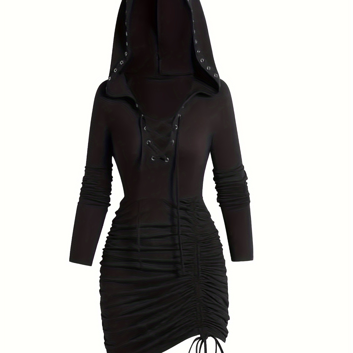 

Tie Drawstring Ruched Hooded Tunics, Long Sleeve Ruched Solid Hooded Top, Women's Clothing