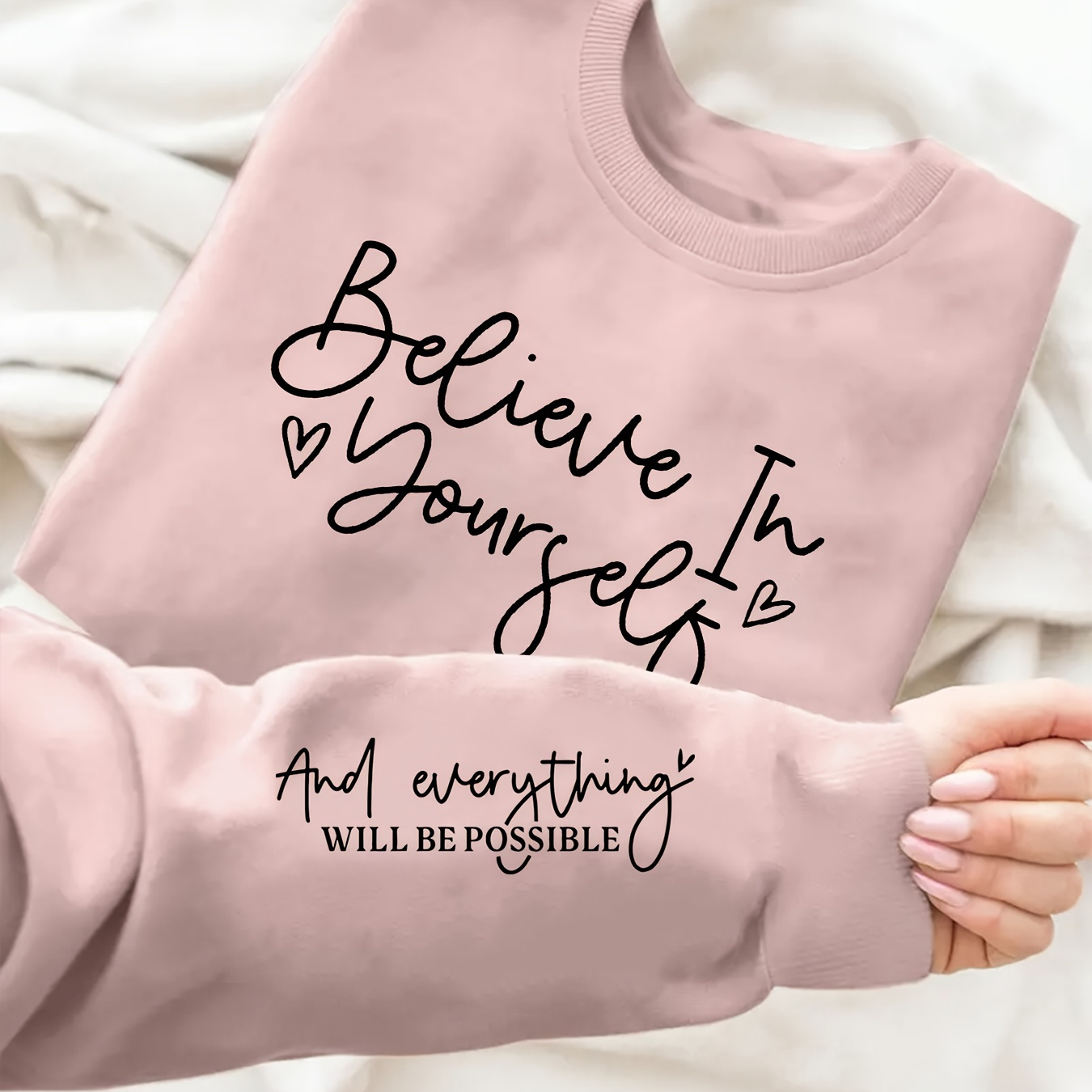 

Plus Size Believe In Yourself Print Pullover Sweatshirt, Casual Long Sleeve Crew Neck Sweatshirt For Fall & Spring, Women's Plus Size Clothing