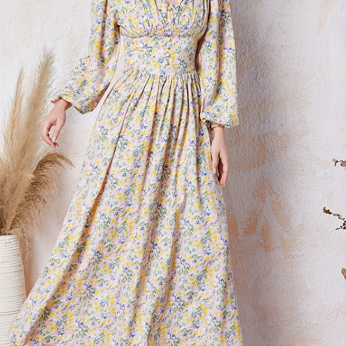 

Floral Print Button Detail Waist Dress, Elegant Lantern Long Sleeve V-neck Dress, Women's Clothing