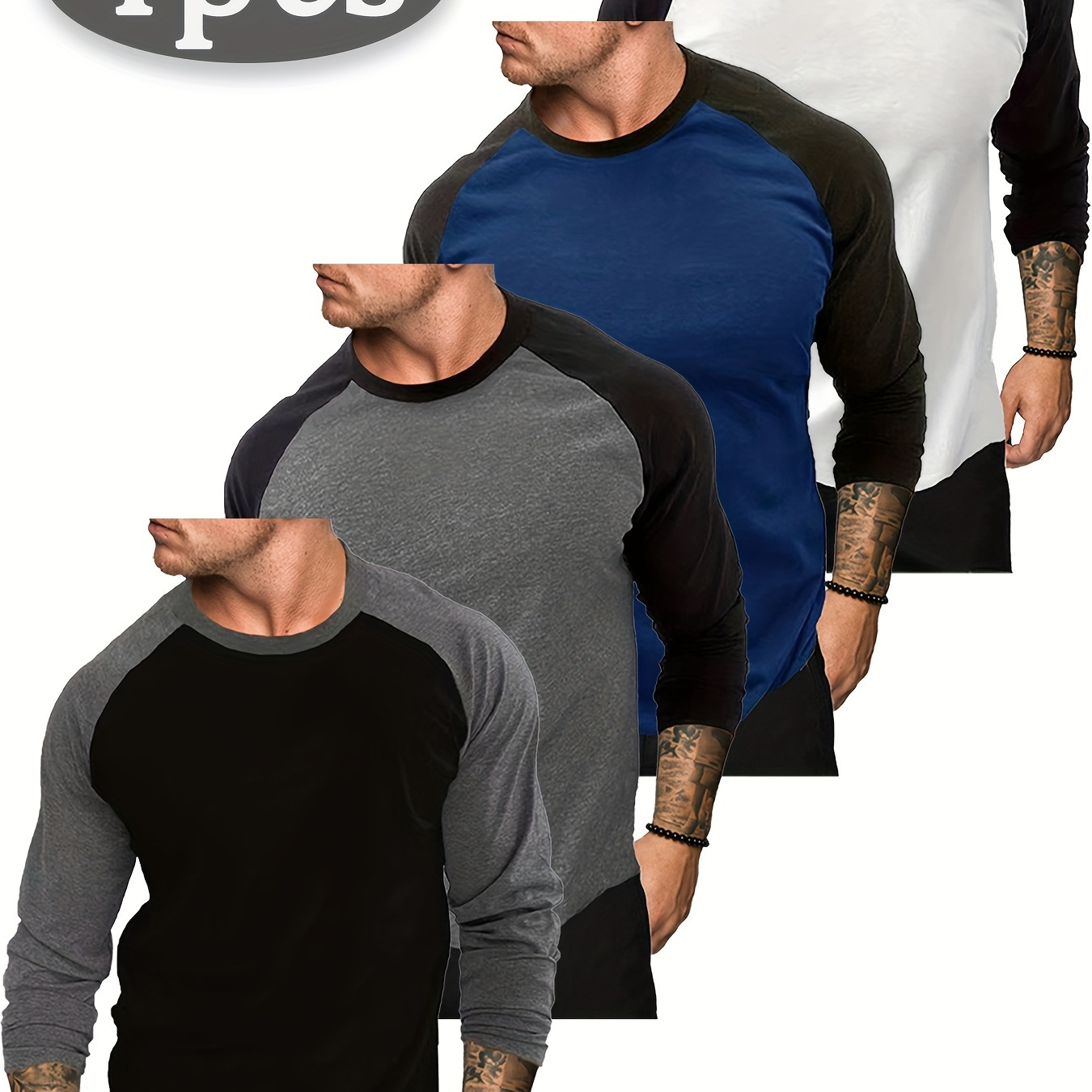 

4pcs Men's Raglan Long Sleeve T-shirts - Casual Crew Neck Polyester Knit Fabric, Breathable Patchwork Sports Tee For Gym Workout, Fall/