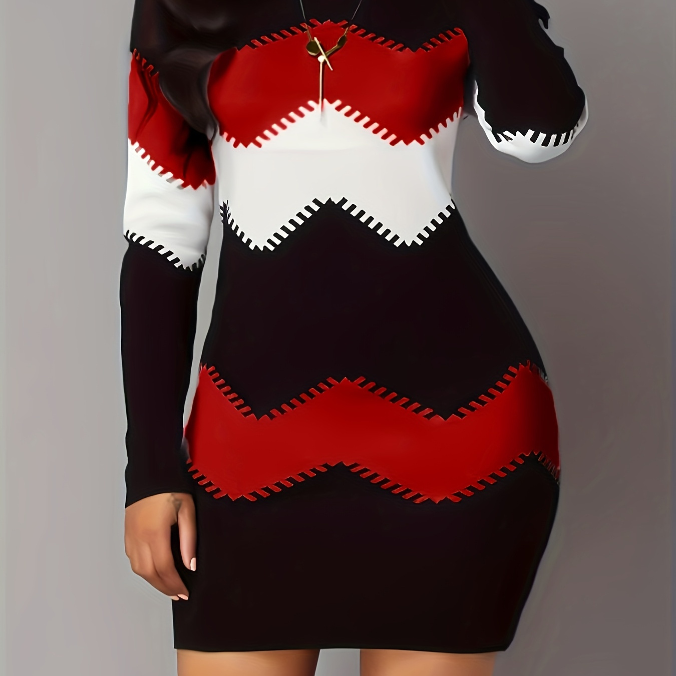 

Women' Geometric Long Sleeve Dress - Stretchy Polyester , Machine Washable, Round Neck Mini Bodycon