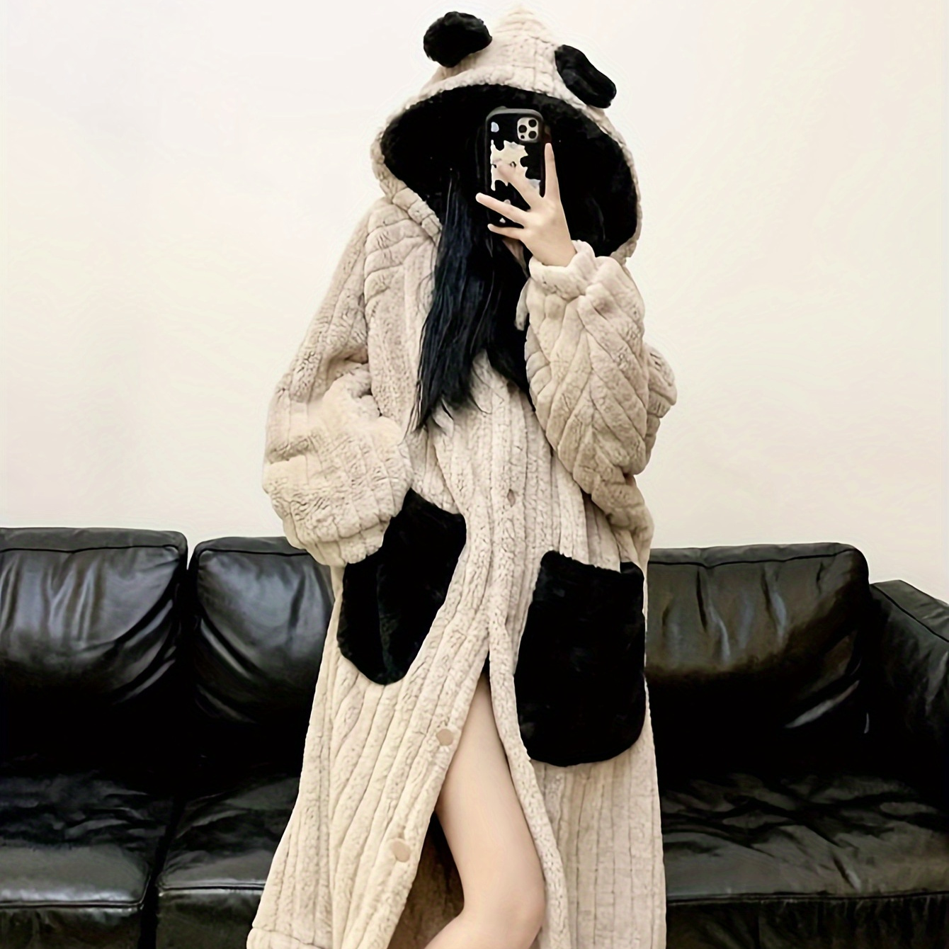

Cute Colorblock Ribbed Plush Thickened Night Robe, Long Sleeve Buttons Hooded Loose Fit Robe With Pockets, Women's Sleepwear & Dresses - For Fall & Winter