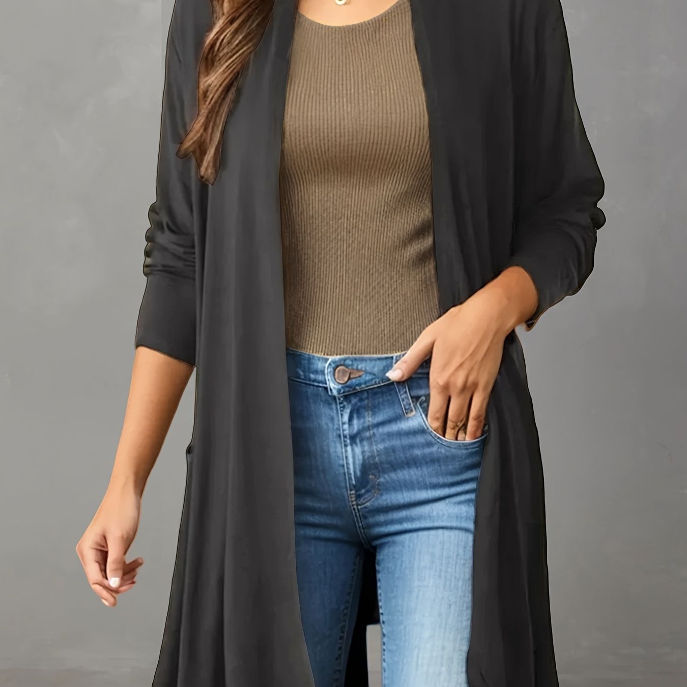 

Solid Open Front Cardigan, Casual Long Sleeve Mid Length Thin Cardigan, Women's Clothing