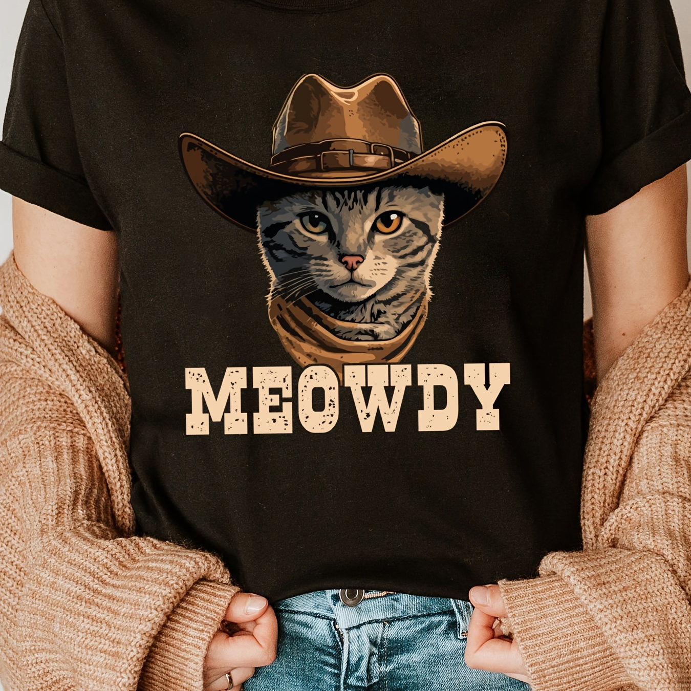 

Cowboy Cat Print Crew Neck T-shirt, Short Sleeve Casual Top For Summer & Spring, Women's Clothing