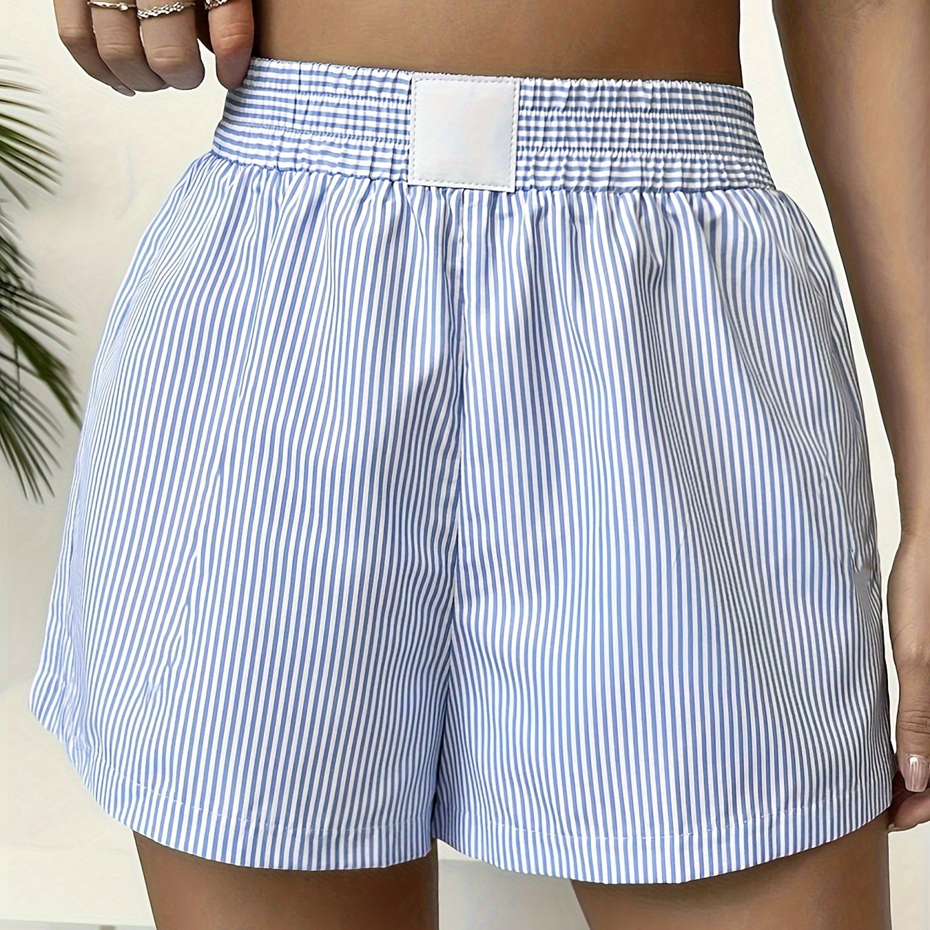 

Short en jersey à imprimé rayé et taille élastique, short décontracté polyvalent pour le printemps et l'été, vêtements pour femmes.