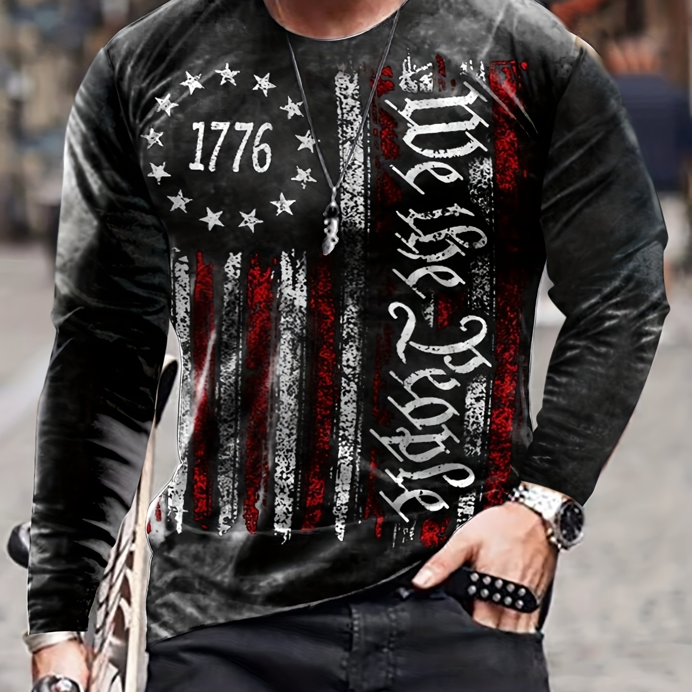 

Flag Print, Men's Long Sleeve Novelty Vintage T-shirt, Stylish Tees For Autumn, Mens Clothing