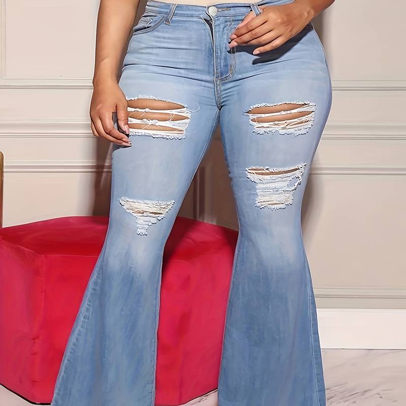 Plus Size Casual Jeans, Women's Plus Ripped Washed Button Fly Fringe ...