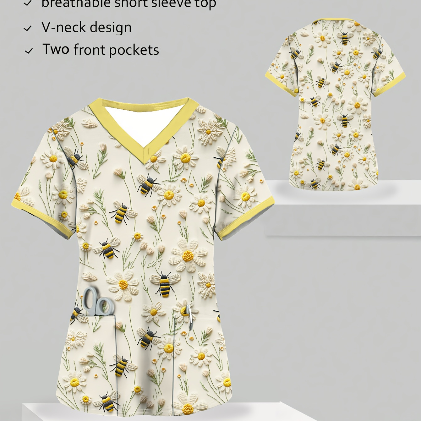 

Floral & V-neck Nurse Scrubs With Pockets - Comfortable Polyester , Short Sleeve Uniform For Women, Nurse Accessories For Work, Style, All//all