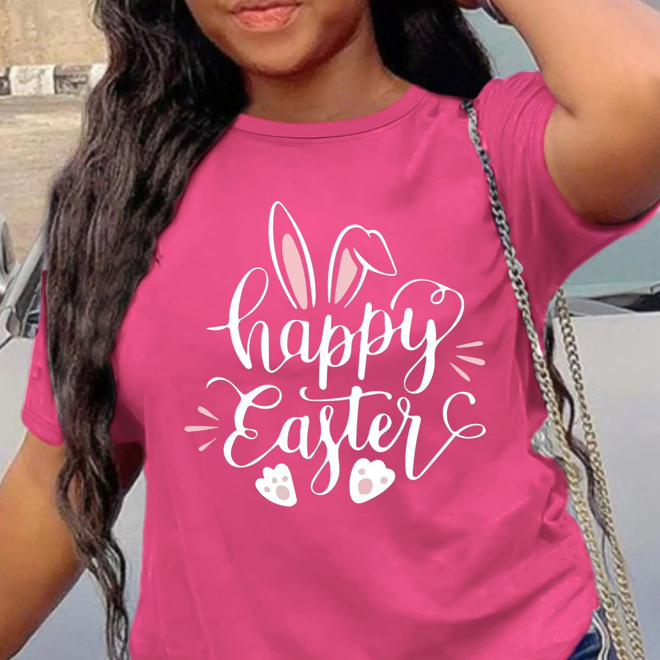 

Plus Size Bunny Ears & Letter Print T-shirt, Casual Short Sleeve Top For Spring & Summer, Women's Plus Size Clothing