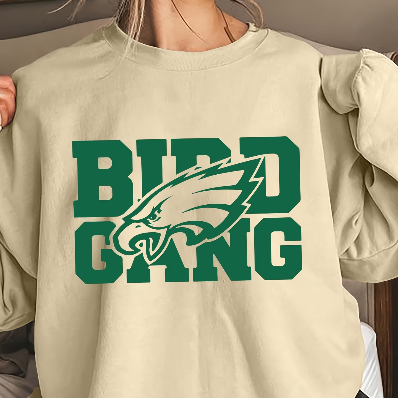 

Women's Casual Crew Neck Sweatshirt, Philadelphia Football Eagle Print, 100% Polyester Knit Fabric, 220gsm, Fall/ Top