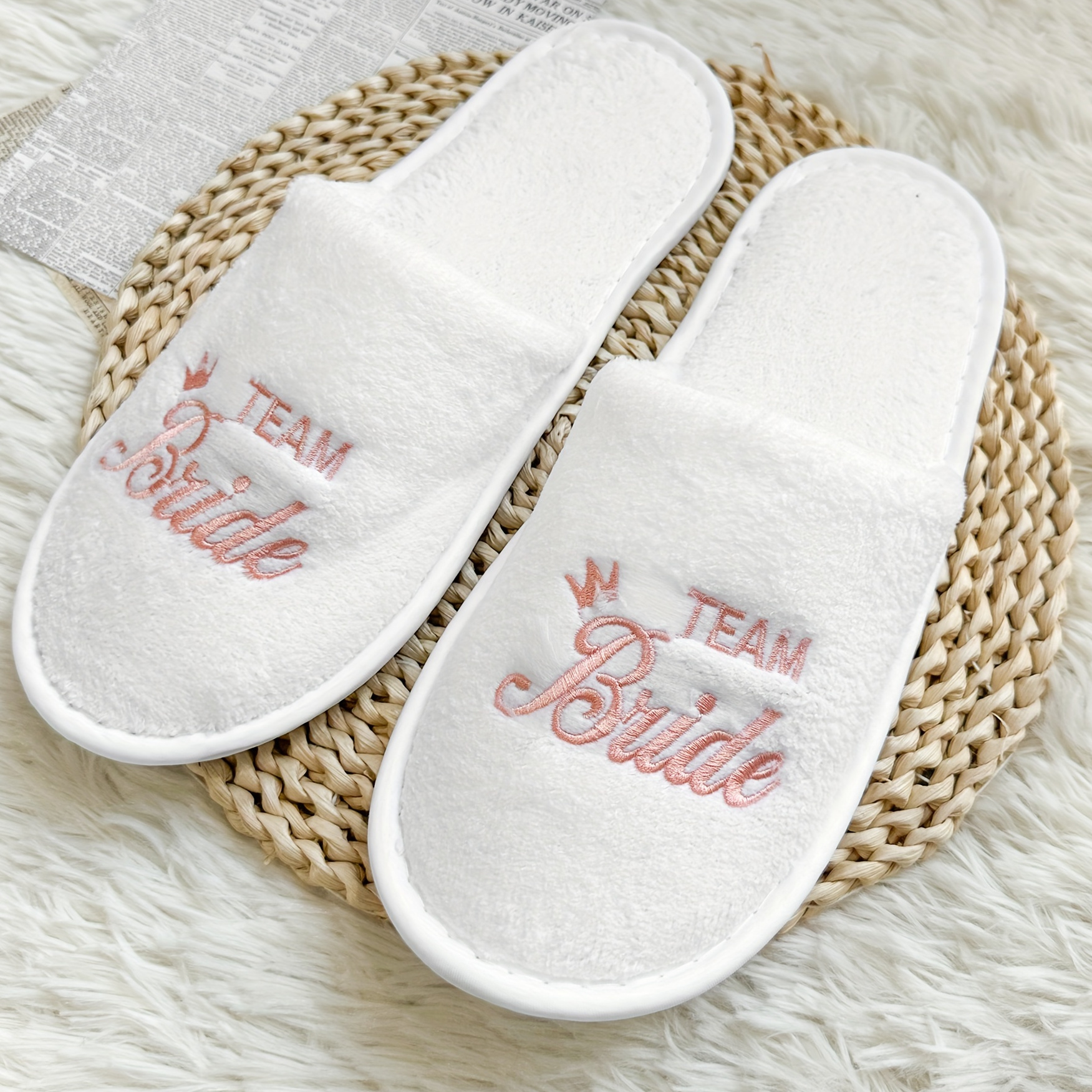 

Bridal Party Slippers Set, Close Toe With Golden & Pink Embroidery, Lightweight Plush , Soft Sole For Bride & Bridesmaid, Wedding Party Guests Home Slip On Shoes