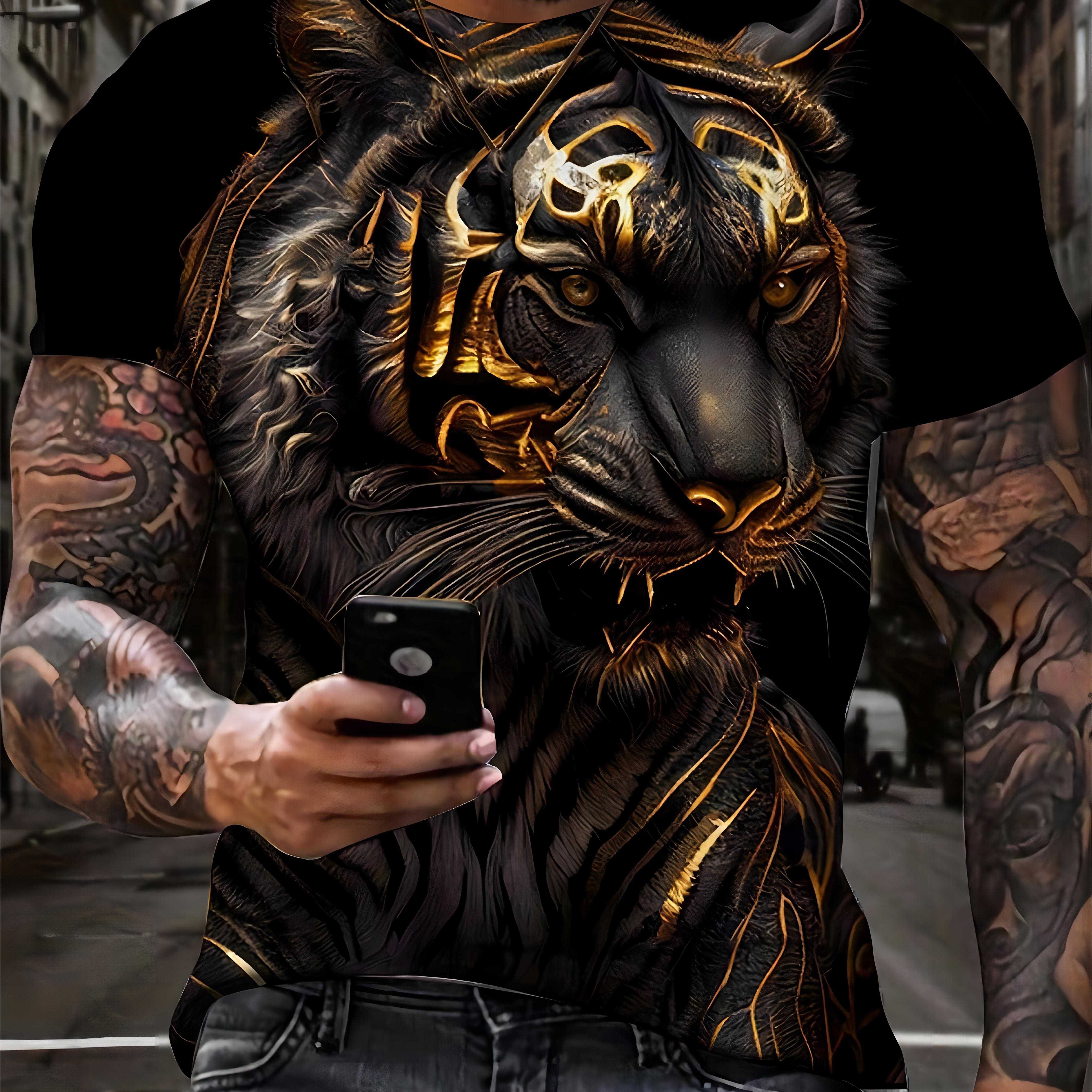 

Plus Size, Summer Men's 3d Tiger Graphic Print T-shirt, Street Style Cool Short Sleeve Tees For Big & Tall Males