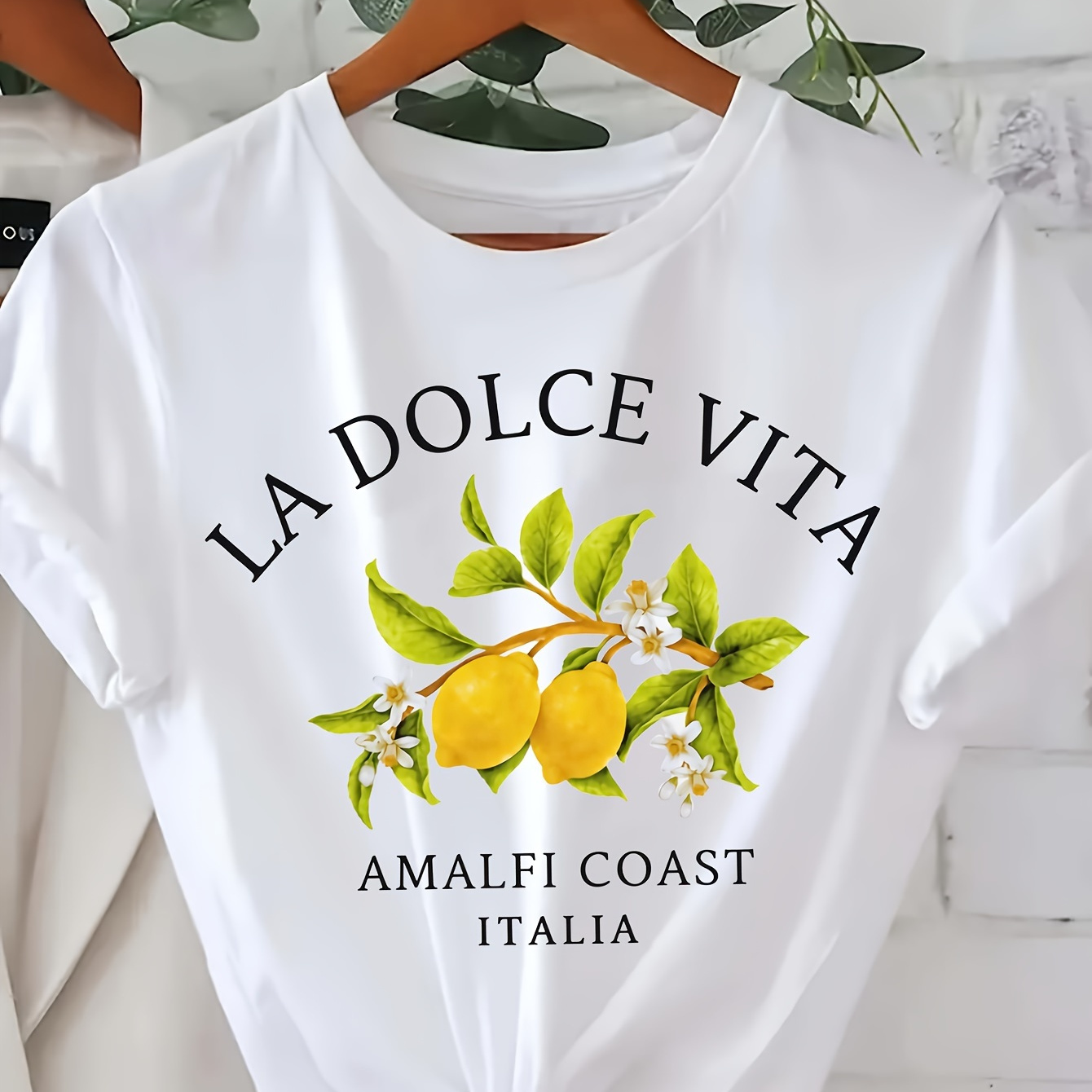 

Letter & Lemon Print T-shirt, Short Sleeve Crew Neck Casual Top For Summer & Spring, Women's Clothing