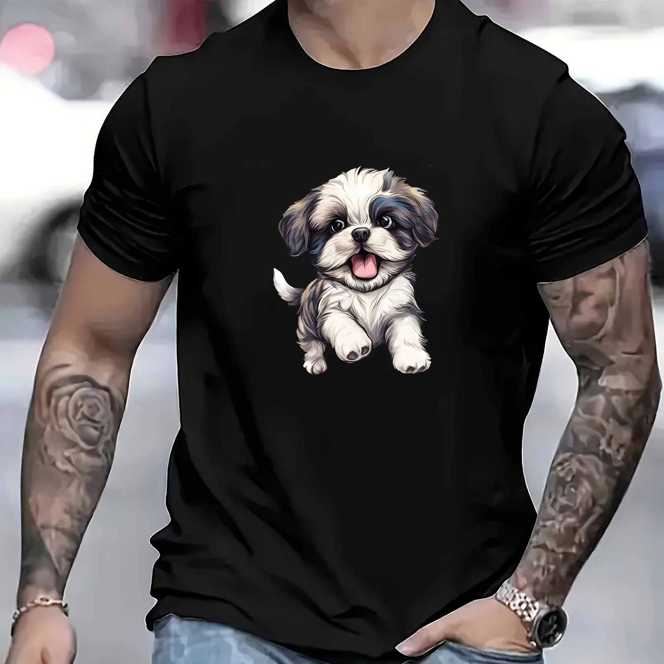 TEMU Men's Dog Graphic Print T-shirt, Summer Trendy Athletic Short Sleeve Tees For Males, Stylish Casual Style