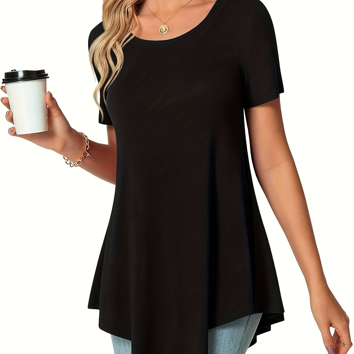 

1pc Elegant Asymmetrical Hem Long Tunic Top For Women - Solid Color, Round Neck, Short Sleeve, Polyester & Spandex Knit, Casual Pullover Shirt