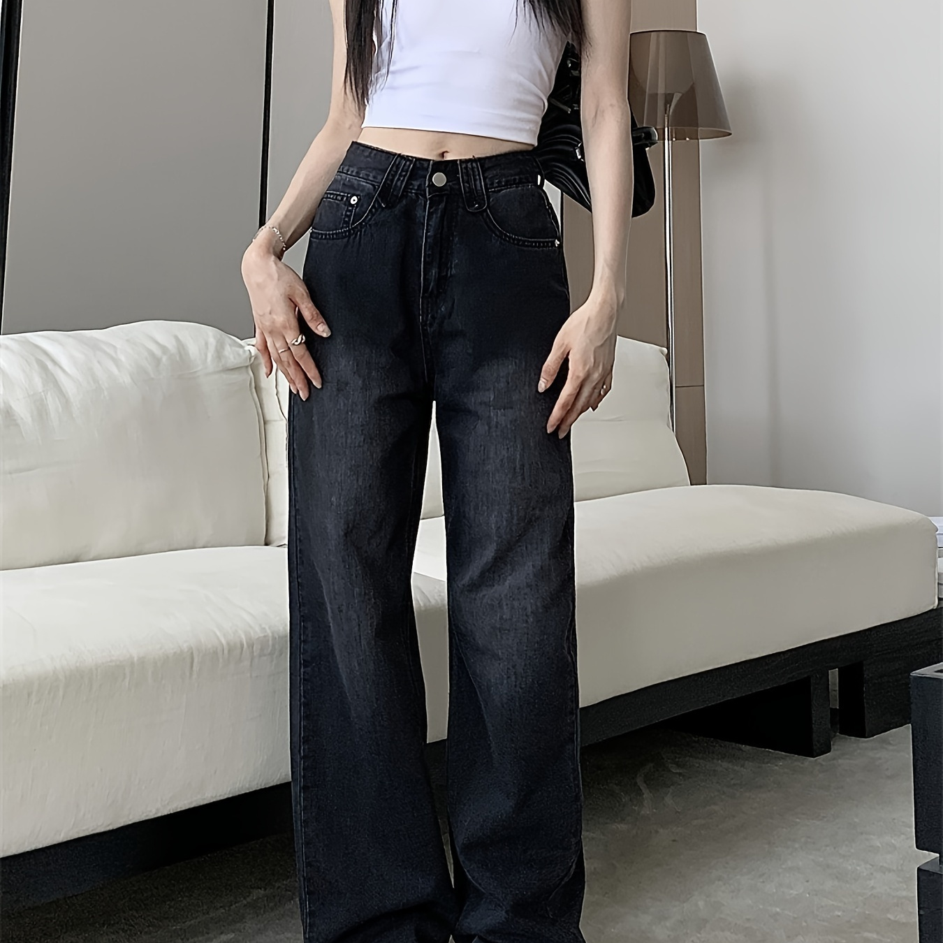 

Women's High-waisted Loose-fit Black Color Plain Straight-leg Jeans, Vintage Style Floor-length Denim Pants