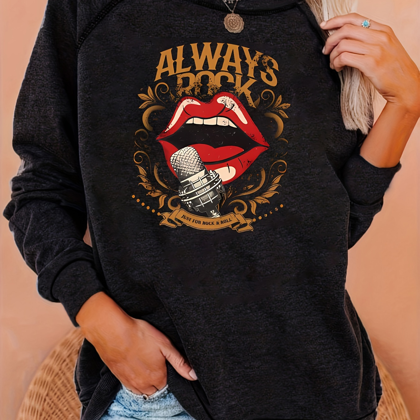 

Rock" Graphic Women's Sweatshirt - Casual Long Sleeve Crew Neck, Soft Polyester , Machine Washable - Fall & Winter