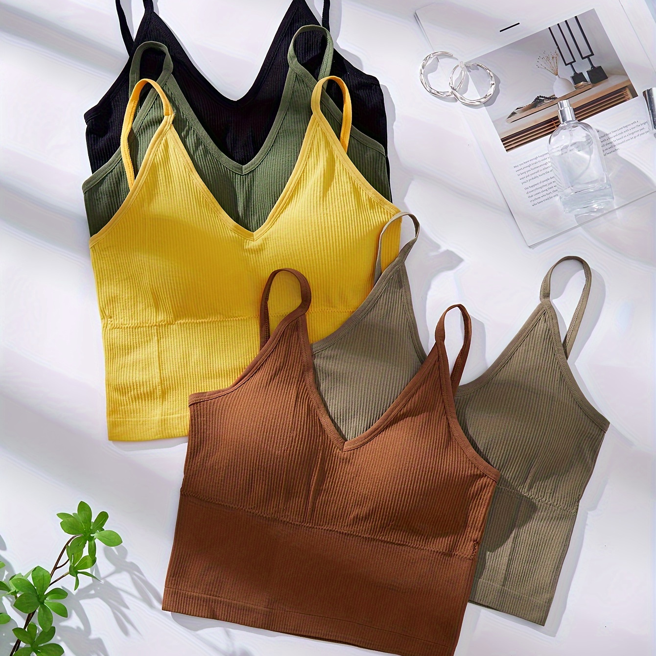 

5pcs Women's Casual Bralette Tank Tops - Solid Color, Knit Fabric, Machine Washable, Seamless, For Teens