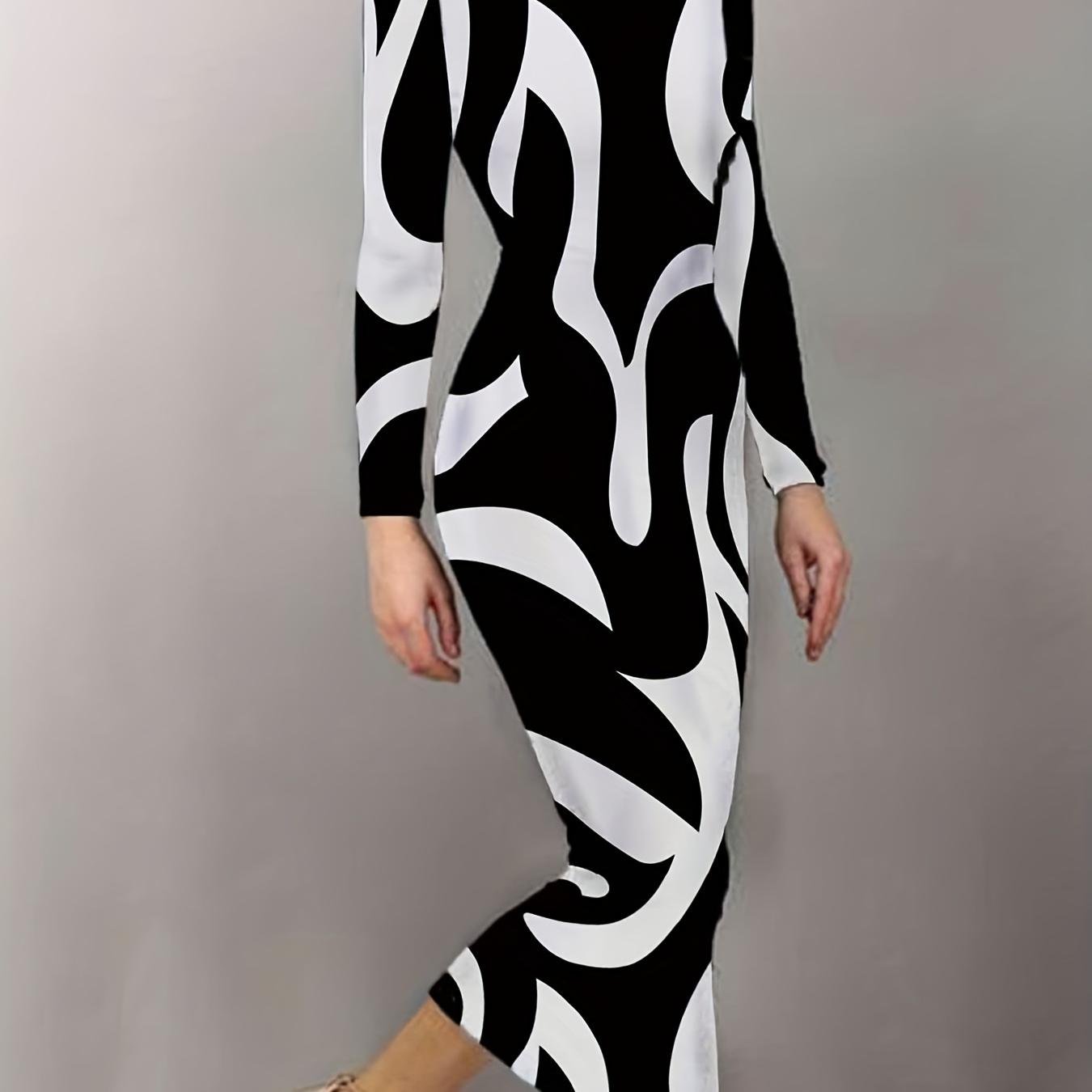 Graphic Print Crew Neck Dress, Casual Long Sleeve Dress For Spring & Fall, Women's Clothing