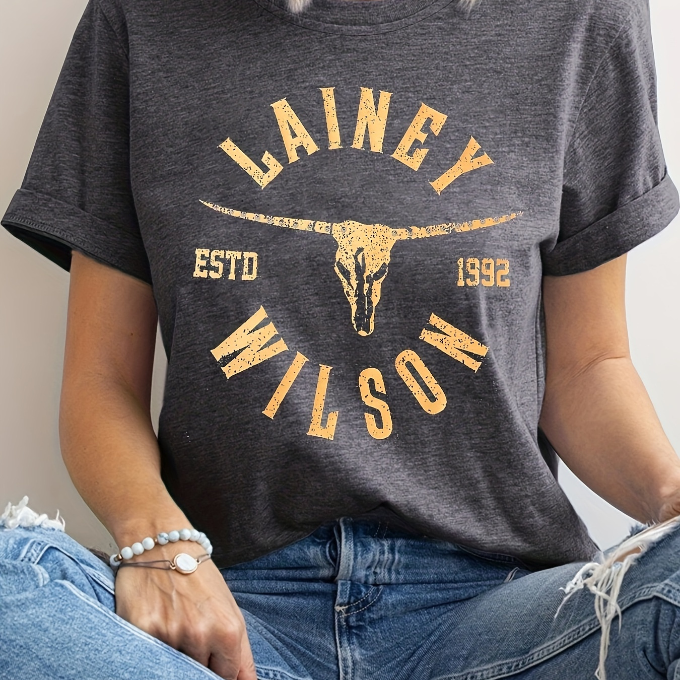 

Cow Skull Print T-shirt, Vintage Short Sleeve Crew Neck Top For Spring & Summer, Women's Clothing