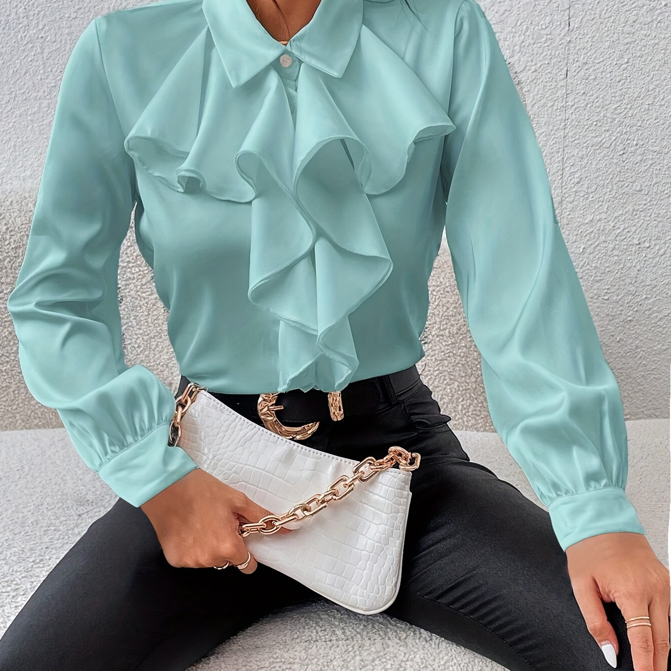 

Solid Color Ruffle Trim Blouse, Elegant Long Sleeve Blouse For Spring & Fall, Women's Clothing