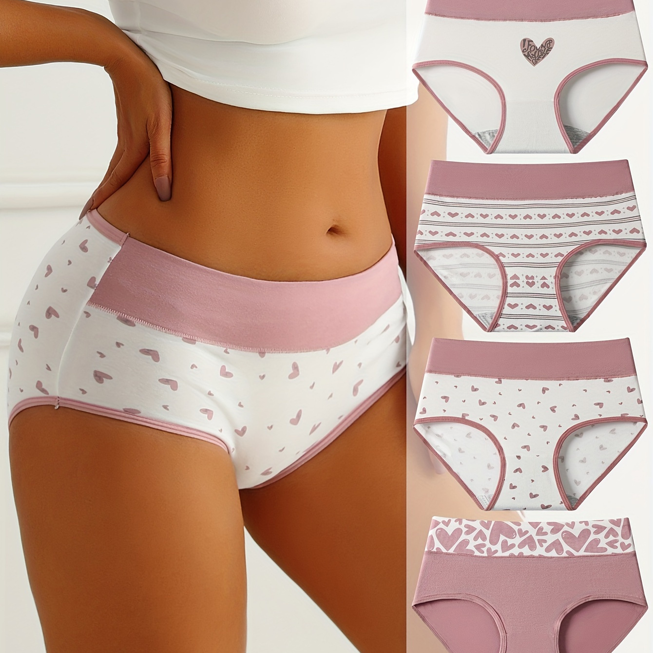 

4pcs Heart Print Briefs, Comfy & Cute High Waist Stretchy Intimates Panties, Women's Lingerie & Underwear