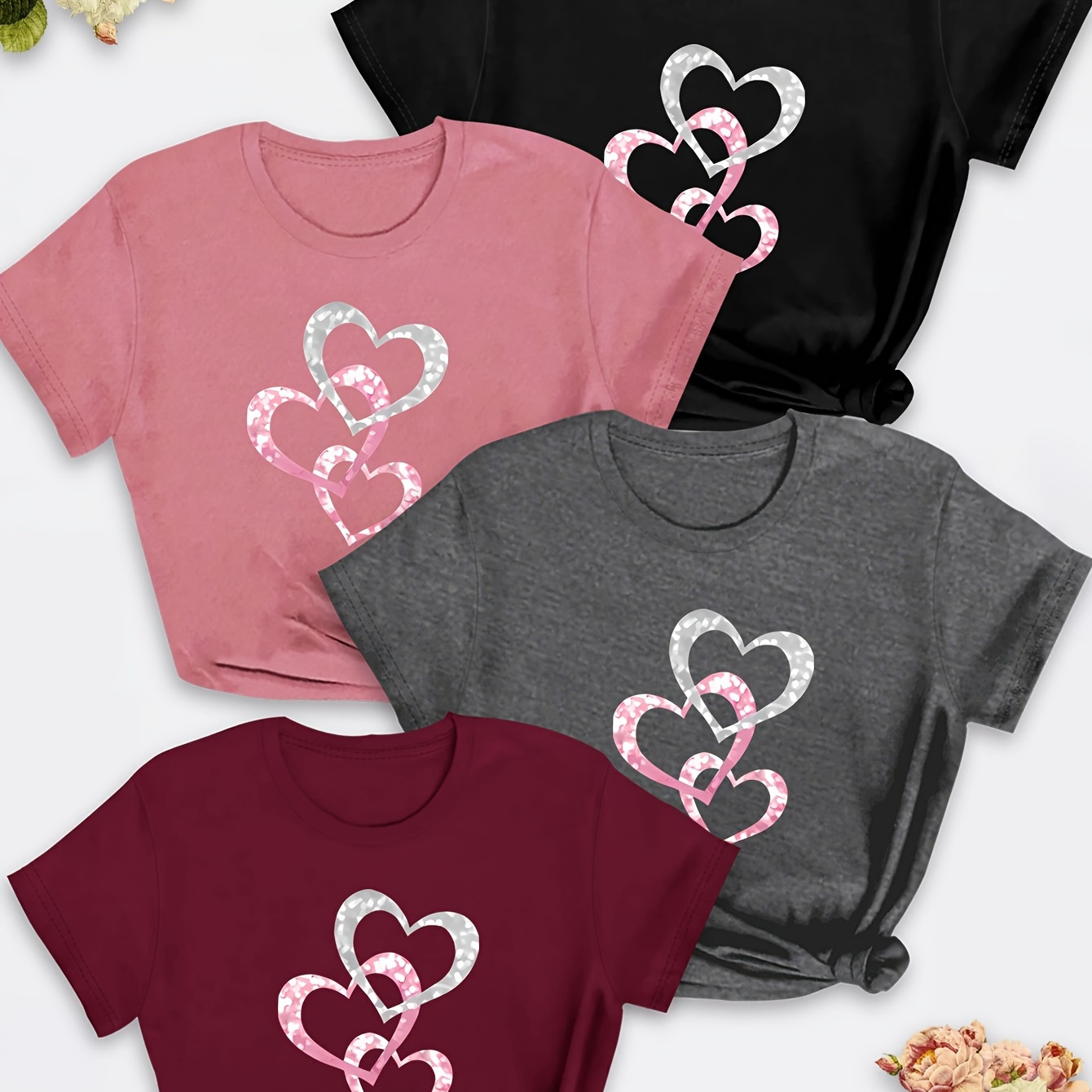 

4 Packs Plus Size Heart Print T-shirts, Casual Crew Neck Short Sleeve T-shirt, Women's Plus Size clothing