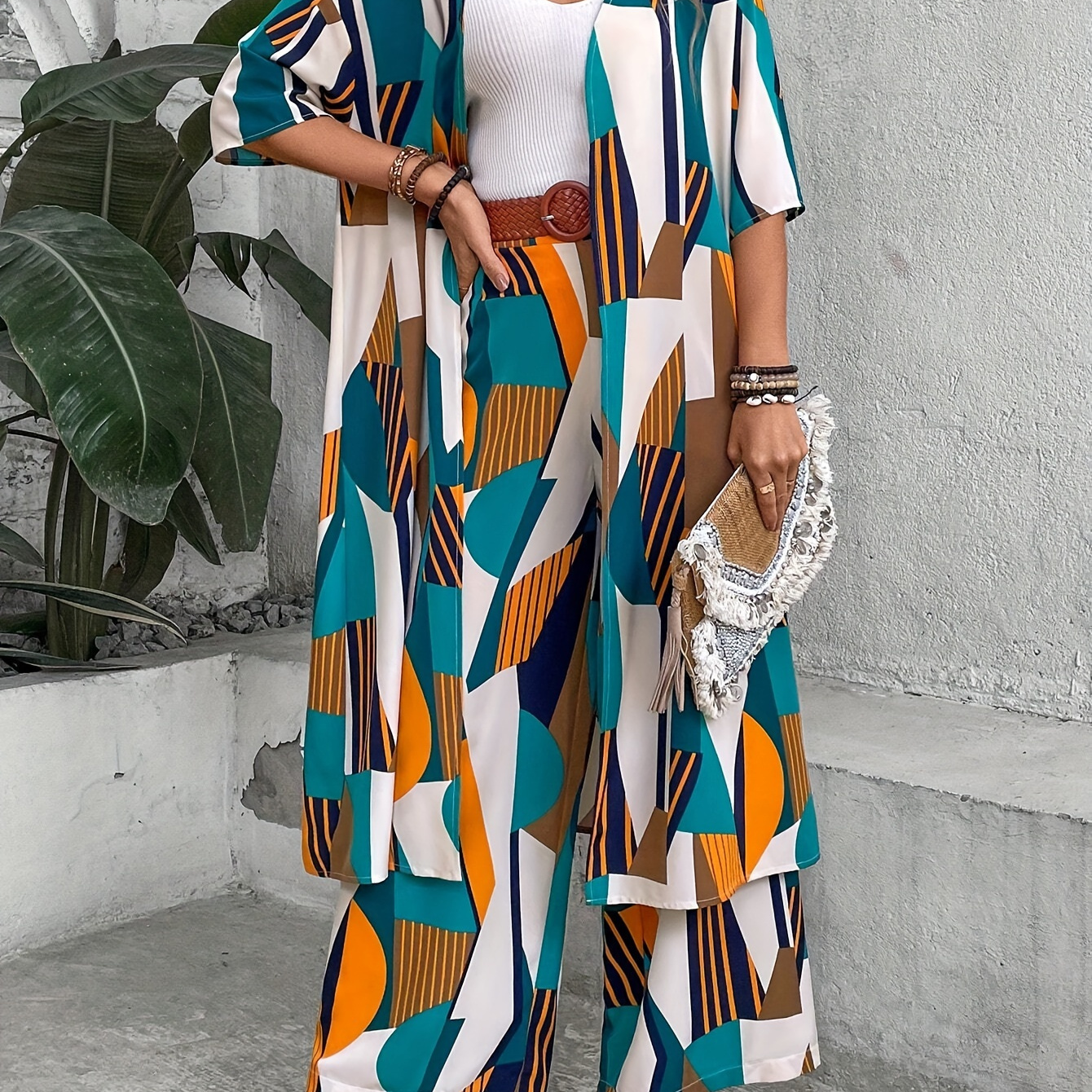 

Vacation Style Geo Print Pantsuits Set, Long Length Open Front Shirt & Wide Leg Pants Outfits, Women's Clothing