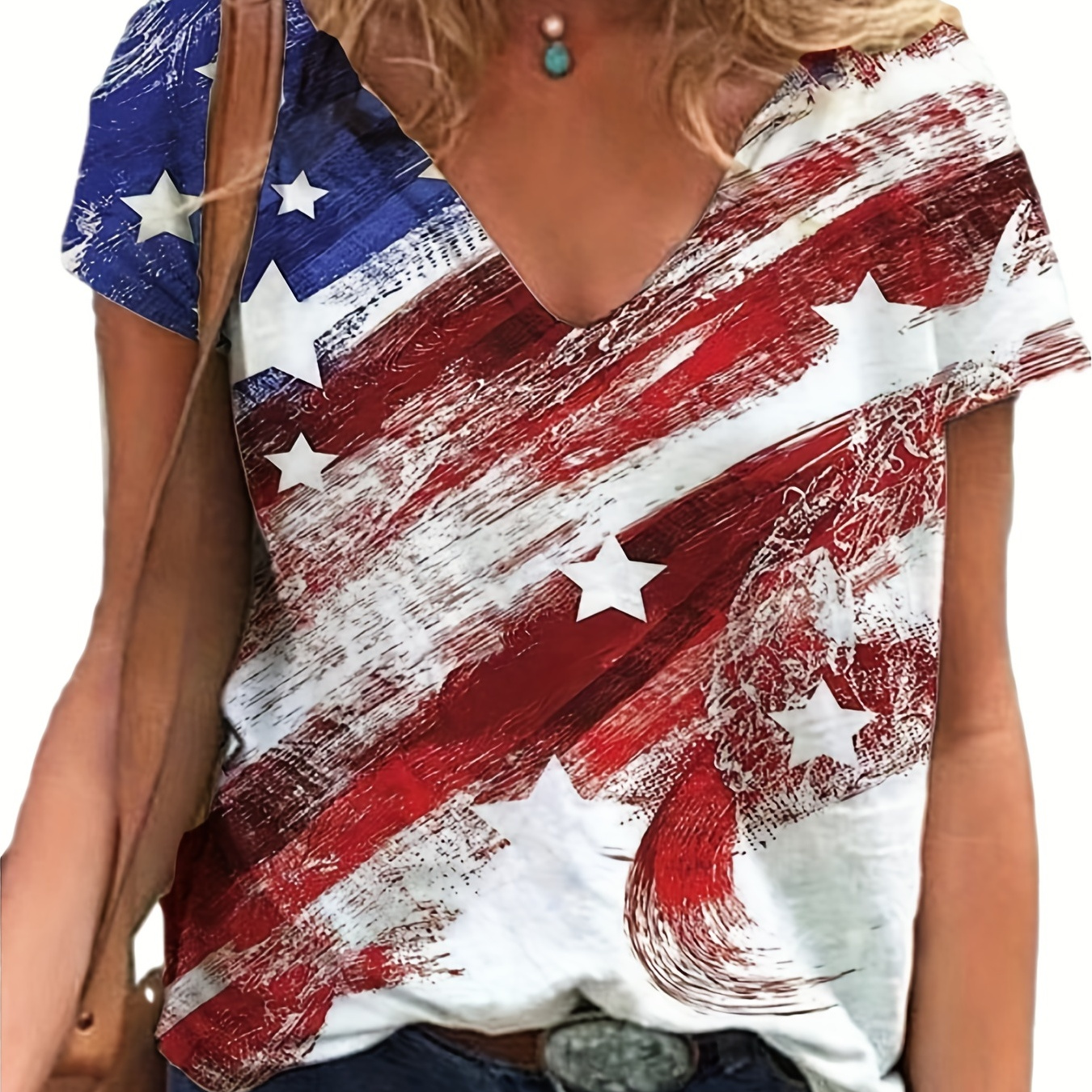 

American Flag Print T-shirt, Casual V Neck Short Sleeve Independence Day T-shirt, Women's Clothing