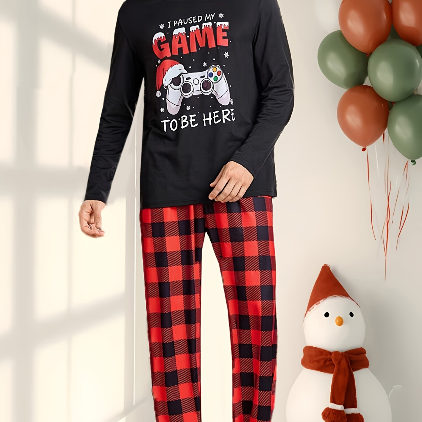 

Men's Christmas Themed Pajama Set - Casual Polyester Knit Fabric, Medium Stretch, Round Neck, Regular Fit, Cozy Long Sleeve Pants And Top For