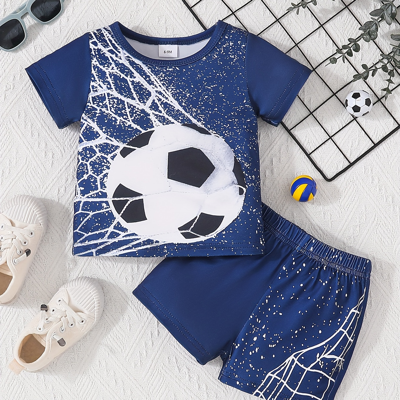 

2pcs Toddler's Football & Goal Net Print Summer Set, T-shirt & Casual Shorts, Baby Boy's Clothes