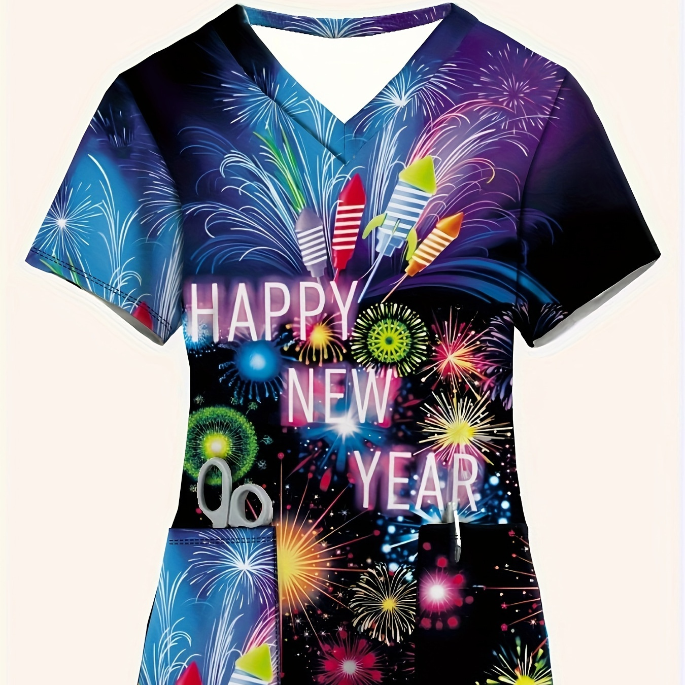 

1pc Women's Plus Size V- Top Fireworks - Polyester , , Slight For , Nurse