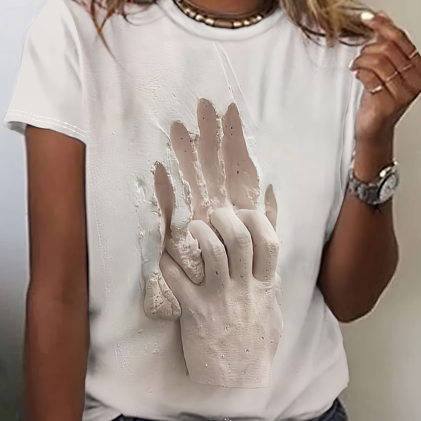 

Sculpture Print Crew Neck T-shirt, Casual Short Sleeve T-shirt For Spring & Summer, Women's Clothing