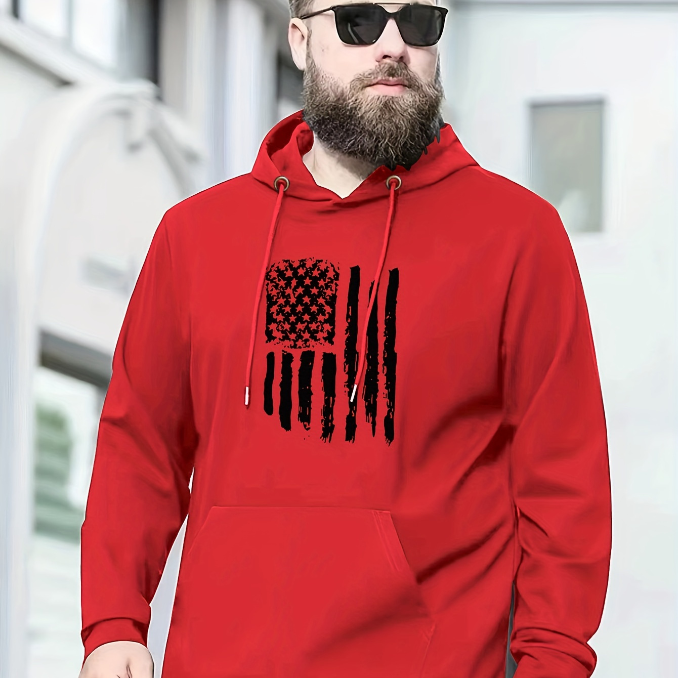 

Plus Size Men' & Stripes Flag Print Hooded Sweatshirt Oversized Hoodies Fashion Casual Tops For Spring/autumn, Men's Clothing