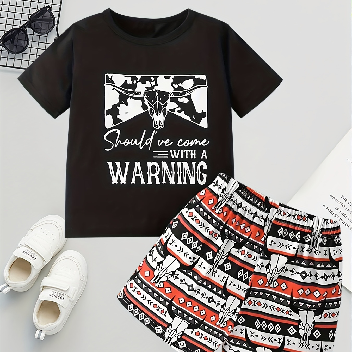 

Boy's "should We Come With A Warning" Pattern 2pcs Casual Outfit, T-shirt & Bull Skull Pattern Shorts Set, Boy's Clothes For Summer