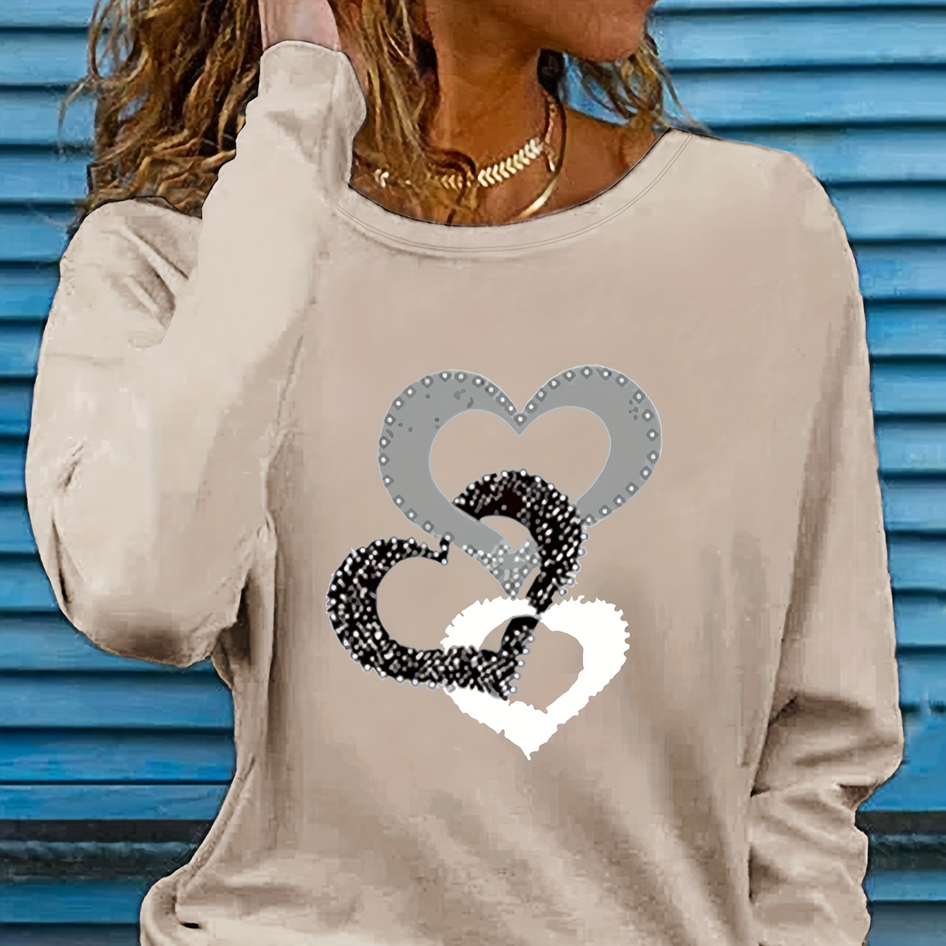 

Heart Print Crew Neck T-shirt, Casual Long Sleeve Top For Spring & Fall, Women's Clothing